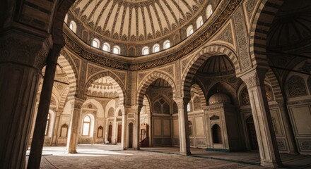 Fototapeta premium Grand interior with arched pillars, decorated dome, and soft natural light