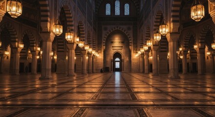 Obraz premium Grand interior with arches, columns, and hanging lamps creating a warm atmosphere