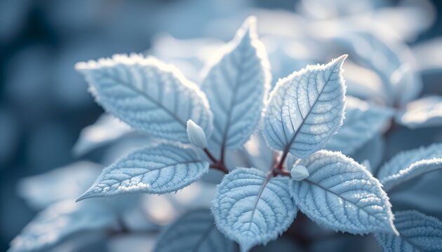 Delicate plant leaves covered in a layer of shimmering white frost during winter. - Powered by Adobe