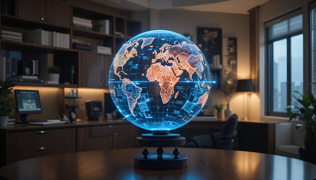 Futuristic glowing digital globe displaying global data and analytics on a modern office desk, symbolizing innovation and connectivity.