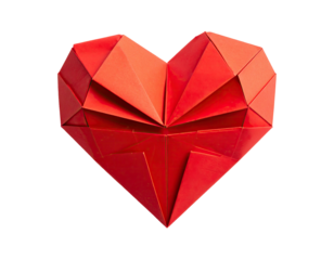Geometric origami heart, vibrant red, intricate folds