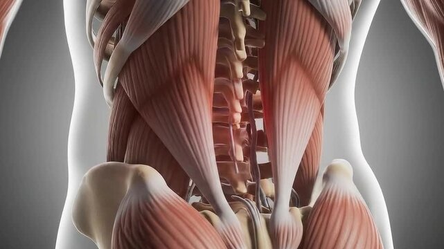 Detailed View of Human Torso Muscles and Skeletal Structure with White Outline and Gradient Gray Background for Anatomical Study