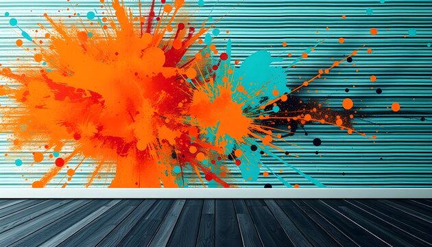 Abstract paint splash against a striped wall, creating a vibrant and dynamic composition. - Powered by Adobe