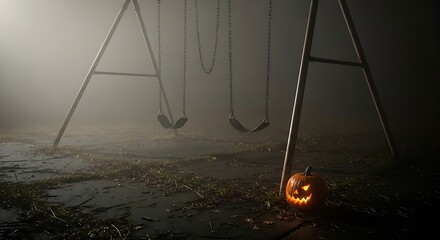 Spooky Jack-o'-lantern and Empty Swings in Eerie Foggy Playground