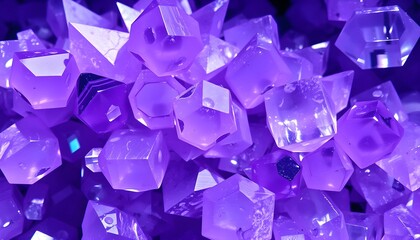 A vibrant macro shot of a cluster of glowing purple amethyst crystals with sharp geometric facets.