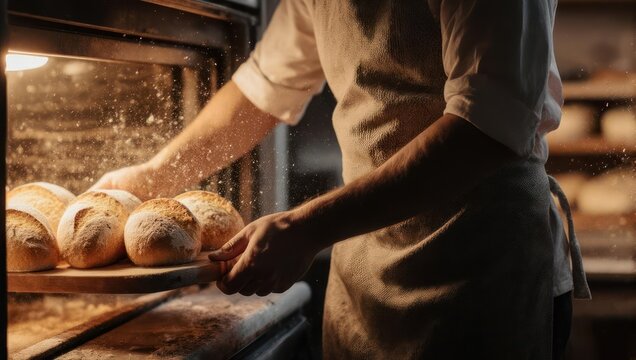 Baker placing freshly baked bread into an oven in a warm, rustic bakery setting.