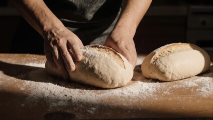 Bakers hands kneading dough on a floured wooden surface, preparing bread.