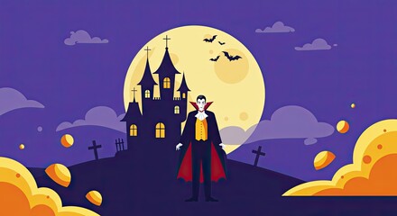 Halloween Night Illustration Featuring a Dracula and Haunted Castle Against the Full Moon With Clouds and Bats Flying Around the
