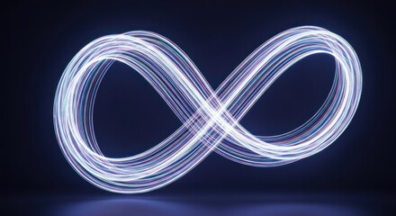 Infinity symbol formed of layered light trails against dark background