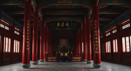 Interior view of an Asian-style temple with red columns and ornate ceiling