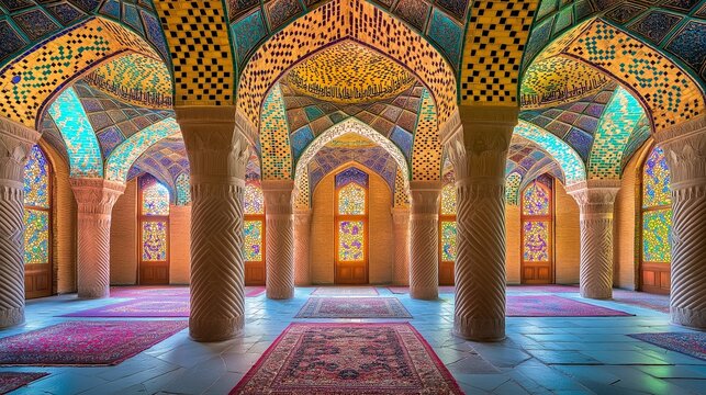 Vibrant stained glass windows illuminate traditional Persian architecture.