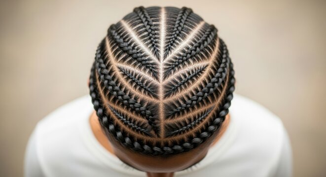 Intricate cornrow hairstyle on african female showing detailed braiding pattern