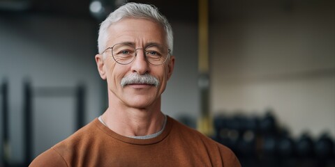 Obraz premium Mature caucasian male with glasses and mustache in casual attire at gym