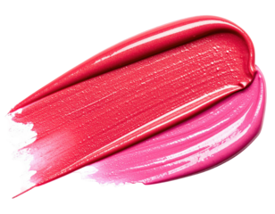 Two swirled strokes of glossy pink and red lipstick on a black background
