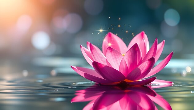 Fototapeta A beautiful vibrant pink lotus flower gently floating on serene water with sparkling light particles and a soft bokeh background.