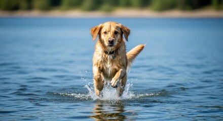 Energetic golden retriever leaping through water on a sunny day