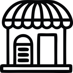Simple icon of a storefront building with awning and doorway for retail business and commercial shop concepts