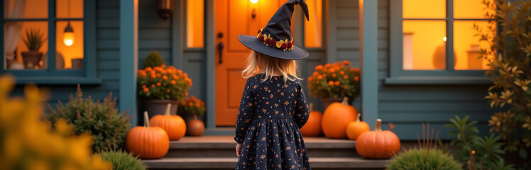 young child dressed whimsical witch stands welcoming doorstep charming autumnal home surrounded vibrant pumpkin