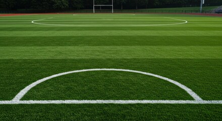 Manicured, green field with white painted lines; goalposts visible in distance