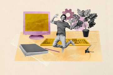 Art sketch image full 3d collage of happy businessman businesswoman stand computer keypad supplies...