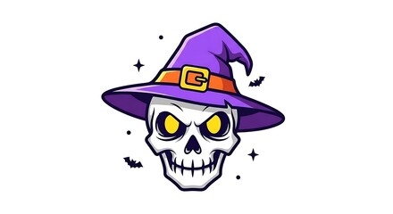 Spooky Skull Wearing Witch Hat, Halloween Illustration, White Background.
