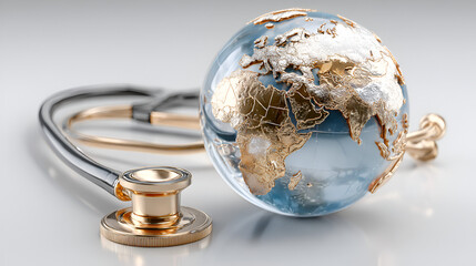 The focal point is a glass globe with the continents rendered in shimmering gold or brass, primarily showcasing Africa and Europe. A stethoscope, also with gold and metallic accents, is draped around 