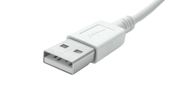 Close-up of a white USB connector.  A standard USB cable end,  with a rectangular white casing.  Visible pins