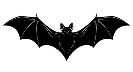 Stylized black bat silhouette with spread wings and glowing eyes, a spooky Halloween vector illustration isolated on a white background.
