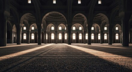Fototapeta premium Mosque interior with arched colonnades and sunlight streaming in