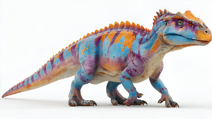 Its most striking feature is its incredibly vivid, stylized coloration, dominated by bright blue, purple, and orange stripes and patches. The creature has small horns or crests above