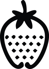 Simple silhouette icon of a strawberry with seed details and leafy stem for food and nature designs