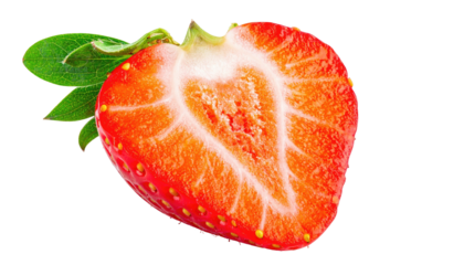 Close-up of a sliced strawberry, vibrant red flesh, displaying a white interior, with fresh green leaves