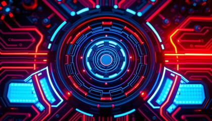 A futuristic, glowing digital interface with intricate circuitry patterns in vibrant blue and red neon lights.