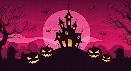 Spooky Halloween Night Illustration with Haunted House, Pumpkins, and Bats in Front of a Full Moon, Perfect for Autumn Holiday