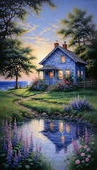 Scenic blue house by the river at sunset with flowers and trees  