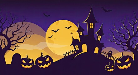 Spooky Halloween Night Landscape with Haunted House, Pumpkins, Bats and Moon, Perfect for Holiday Celebrations and Greetings, and Party Invitations