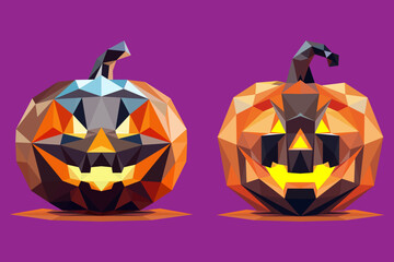Colorful low poly Halloween pumpkins with glowing faces on purple background, modern polygonal design perfect for seasonal decoration and party themes.