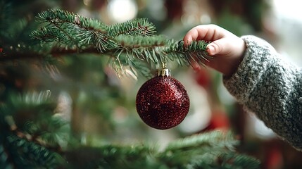 Child's hand decorating christmas tree with red ornament