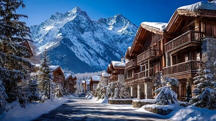 Ski resort village with luxury chalets and snow capped mountains