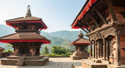 Obraz premium Ornate brick temples with tiered roofs and red trim under clear sky
