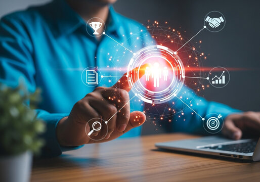 Closeup of a persons hand interacting with a futuristic digital interface displaying business growth icons and data analysis