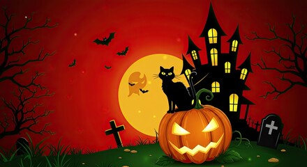 Spooky Halloween Night Scene with Black Cat, Haunted House and a Brightly Lit Pumpkin Carving Under the Moonlight
