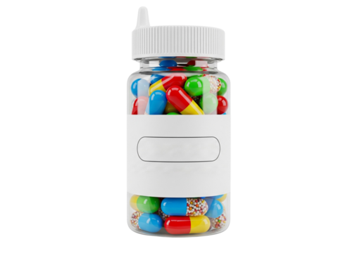 Vibrant Assorted Capsules and Pills in Clear Medical Bottle with Blank Label