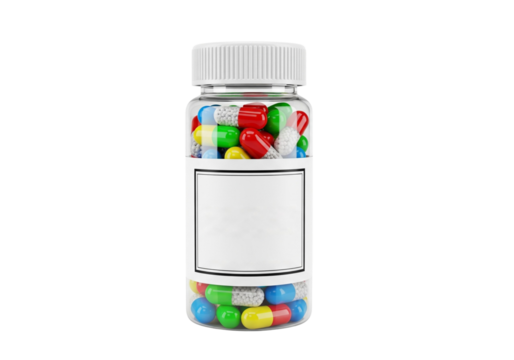 Transparent Pill Bottle with Assorted Colorful Capsules and Blank Label for Custom Text on White Background