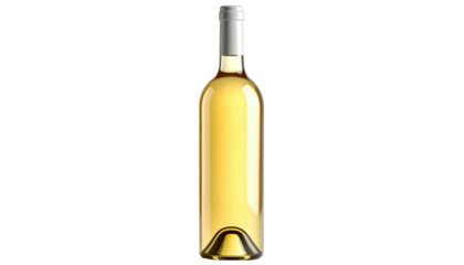 A light yellow wine bottle,  vertical,  with a silver cap.  Empty label.  Glossy finish
