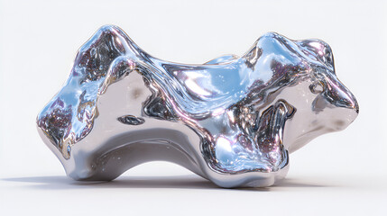 The object has an organic, molten, or blob-like form with undulating curves and three main protruding masses. Its surface is a brilliant chrome or silver finish,