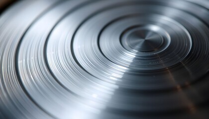 A macro shot of a brushed metal surface with concentric circular patterns and reflective light.