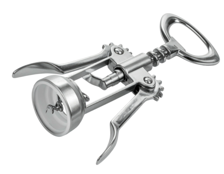 Metal corkscrew, angled view.  Features a  crank-style mechanism for opening wine bottles.  High-quality, shiny metal