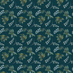 Vector floral seamless pattern from hand painted leaves, flowers and blue berries on a dark background