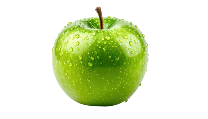 Close-up of a vibrant green apple, covered in water droplets